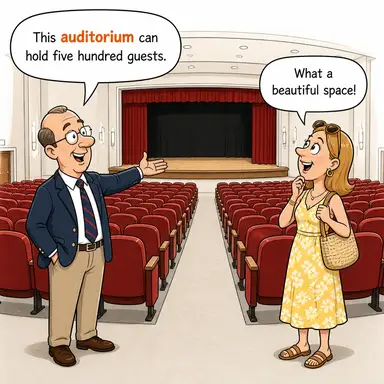 auditorium (konferans salonu, dinleyiciler bölümü) karikatürü — diyalogla bağlam içinde öğren