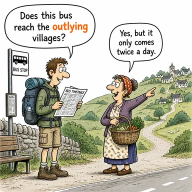 outlying (merkezden uzak, kıyıdaki, ücra) karikatürü — diyalogla bağlam içinde öğren