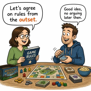 outset (başlangıç, baş) karikatürü — diyalogla bağlam içinde öğren