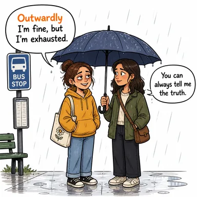 outwardly (görünüşte, dıştan, haricen) karikatürü — diyalogla bağlam içinde öğren