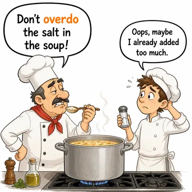 overdo (aşırıya kaçmak, abartmak) karikatürü — diyalogla bağlam içinde öğren