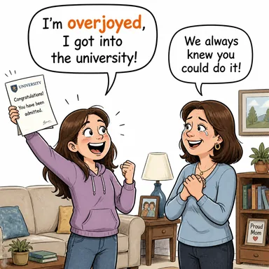overjoyed (çok sevinçli, sevinçten havalara uçan) karikatürü — diyalogla bağlam içinde öğren