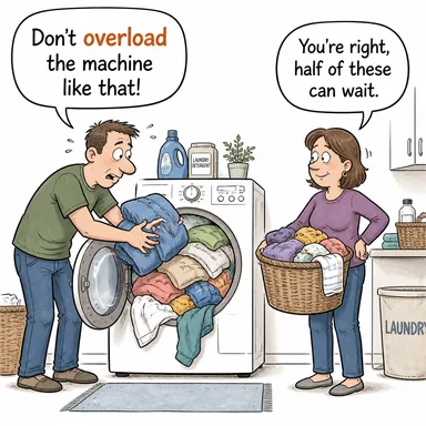 overload (aşırı yüklemek, fazla yük bindirmek) karikatürü — diyalogla bağlam içinde öğren