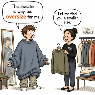 oversize (normalden iri, büyük boy, çok büyük) karikatürü — diyalogla bağlam içinde öğren