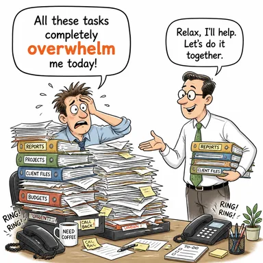 overwhelm (bunaltmak, ezmek, (duygu/iş) boğmak, alt etmek) karikatürü — diyalogla bağlam içinde öğren