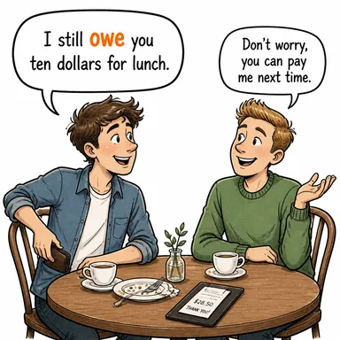 owe (borçlu olmak; minnettar olmak) karikatürü — diyalogla bağlam içinde öğren