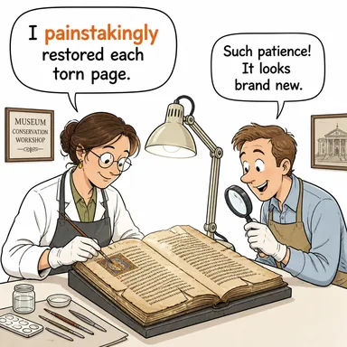 painstakingly (titizlikle, özenle, büyük bir dikkatle) karikatürü — diyalogla bağlam içinde öğren