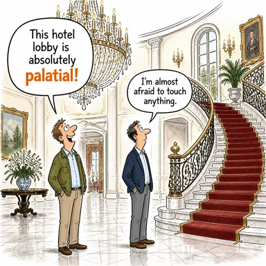 palatial (saray gibi, görkemli, şatafatlı) karikatürü — diyalogla bağlam içinde öğren