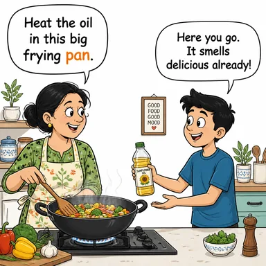 pan (tava, tepsi) karikatürü — diyalogla bağlam içinde öğren