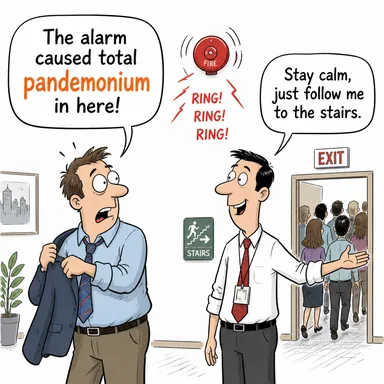 pandemonium (kıyamet, büyük gürültü, kargaşa, kaos) karikatürü — diyalogla bağlam içinde öğren