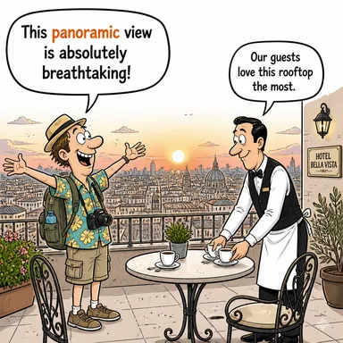 panoramic (panoramik, kuşbakışı, geniş açılı) karikatürü — diyalogla bağlam içinde öğren
