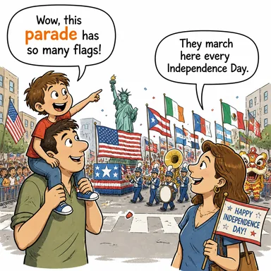 parade (resmi geçit, tören, yürüyüş) karikatürü — diyalogla bağlam içinde öğren