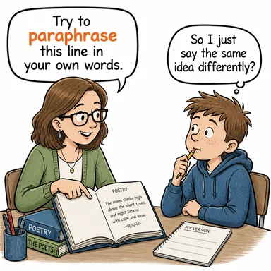 paraphrase (başka sözcüklerle ifade etmek, açımlamak) karikatürü — diyalogla bağlam içinde öğren