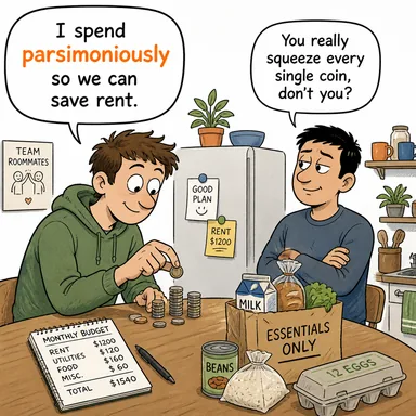 parsimoniously (cimrice, eli sıkı bir şekilde, idareli) karikatürü — diyalogla bağlam içinde öğren