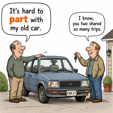 part (ayrılmak, bölünmek; kısım, parça) karikatürü — diyalogla bağlam içinde öğren