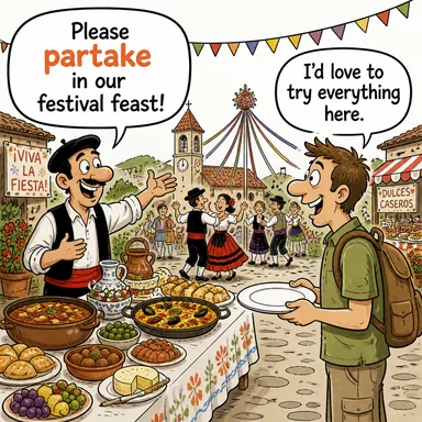 partake (katılmak, yer almak; (yemekten) yemek/almak) karikatürü — diyalogla bağlam içinde öğren