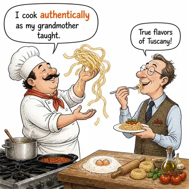 authentically (gerçekçi bir şekilde, aslına uygun olarak) karikatürü — diyalogla bağlam içinde öğren