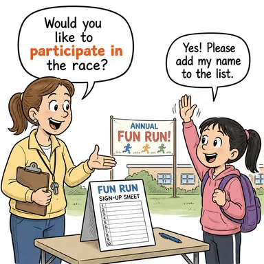 participate in (katılmak, iştirak etmek) karikatürü — diyalogla bağlam içinde öğren