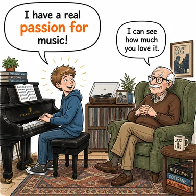 passion for (tutku, hırs, arzu) karikatürü — diyalogla bağlam içinde öğren