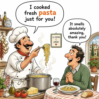 pasta (makarna) karikatürü — diyalogla bağlam içinde öğren