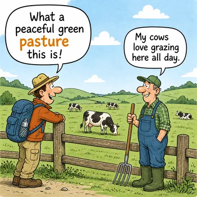 pasture (otlak, mera) karikatürü — diyalogla bağlam içinde öğren