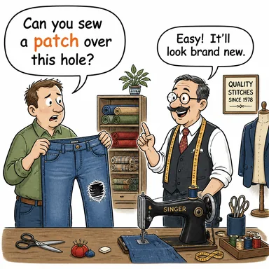 patch (yama; küçük arsa/parça; düzeltmek) karikatürü — diyalogla bağlam içinde öğren