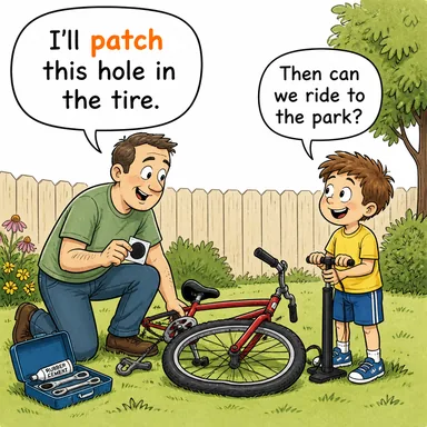 patch (yamamak; (sorunu) gidermek, onarmak) karikatürü — diyalogla bağlam içinde öğren
