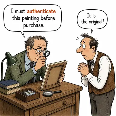 authenticate (doğrulamak, tasdik etmek, orijinalliğini kanıtlamak) karikatürü — diyalogla bağlam içinde öğren
