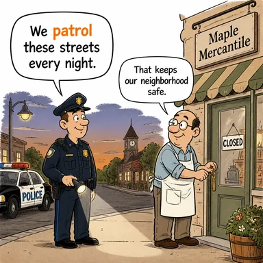 patrol (devriye gezmek, kolaçan etmek) karikatürü — diyalogla bağlam içinde öğren