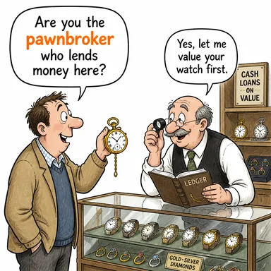 pawnbroker (rehinci, ödünç para veren) karikatürü — diyalogla bağlam içinde öğren