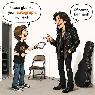autograph (imza (ünlü birinin), el yazısı) karikatürü — diyalogla bağlam içinde öğren