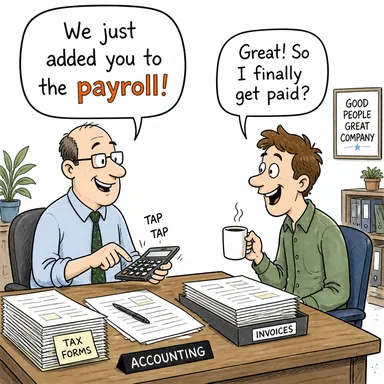 payroll (maaş bordrosu, çalışan listesi) karikatürü — diyalogla bağlam içinde öğren