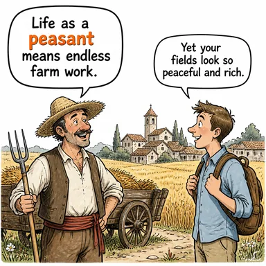 peasant (köylü, çiftçi, rençper) karikatürü — diyalogla bağlam içinde öğren