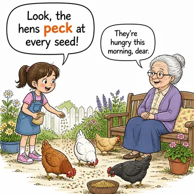 peck (gagalamak, (hafifçe) öpmek) karikatürü — diyalogla bağlam içinde öğren