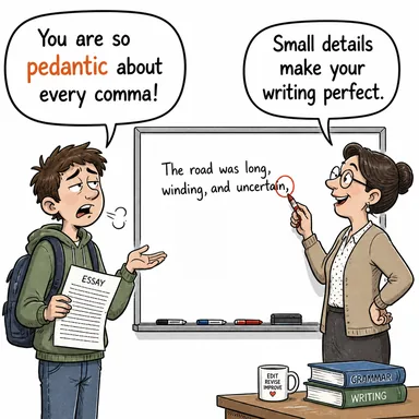pedantic (bilgiçlik taslayan, kılı kırk yaran, detaycı) karikatürü — diyalogla bağlam içinde öğren