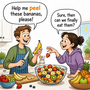 peel (kabuğunu soymak, kabuk) karikatürü — diyalogla bağlam içinde öğren