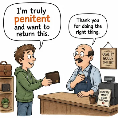 penitent (pişman, tövbekar) karikatürü — diyalogla bağlam içinde öğren