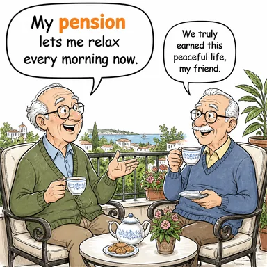 pension (emekli maaşı, pansiyon) karikatürü — diyalogla bağlam içinde öğren