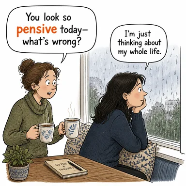 pensive (dalgın, düşünceli) karikatürü — diyalogla bağlam içinde öğren