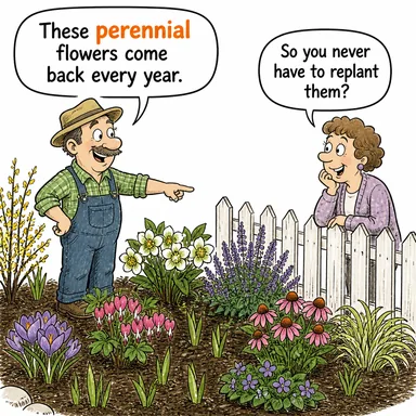 perennial (uzun ömürlü, daimi, yıllanmış) karikatürü — diyalogla bağlam içinde öğren