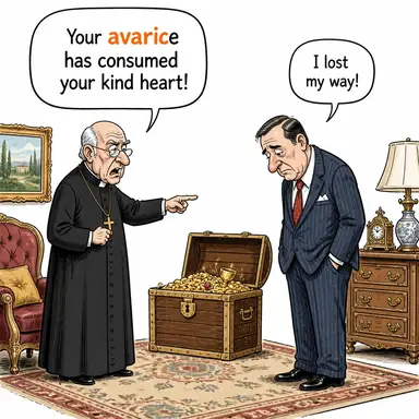 avarice (açgözlülük, para hırsı) karikatürü — diyalogla bağlam içinde öğren
