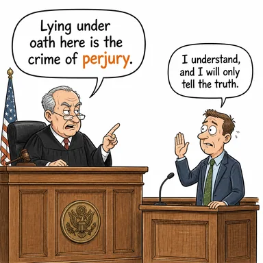 perjury (yalan yere yemin etme suçu) karikatürü — diyalogla bağlam içinde öğren