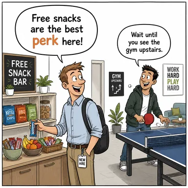 perk (yan hak, avantaj, ek kazanç) karikatürü — diyalogla bağlam içinde öğren