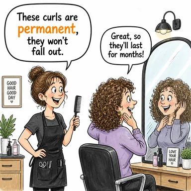 permanent (kalıcı, daimi, sürekli) karikatürü — diyalogla bağlam içinde öğren