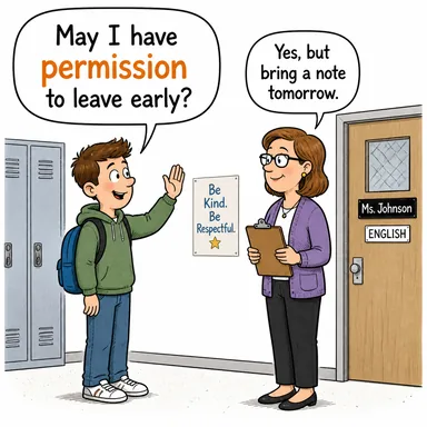 permission (izin, müsaade) karikatürü — diyalogla bağlam içinde öğren