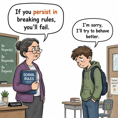 persist in (-de ısrar etmek, inat etmek) karikatürü — diyalogla bağlam içinde öğren