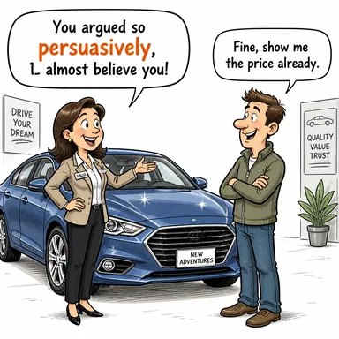 persuasively (ikna edici bir şekilde) karikatürü — diyalogla bağlam içinde öğren