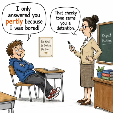 pertly (şımarıkça, cüretkar bir şekilde) karikatürü — diyalogla bağlam içinde öğren