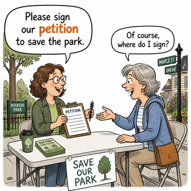 petition (dilekçe, talep) karikatürü — diyalogla bağlam içinde öğren