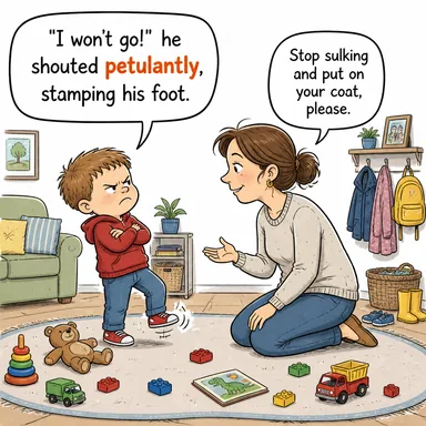 petulantly (hırçın bir şekilde, alınganlıkla) karikatürü — diyalogla bağlam içinde öğren